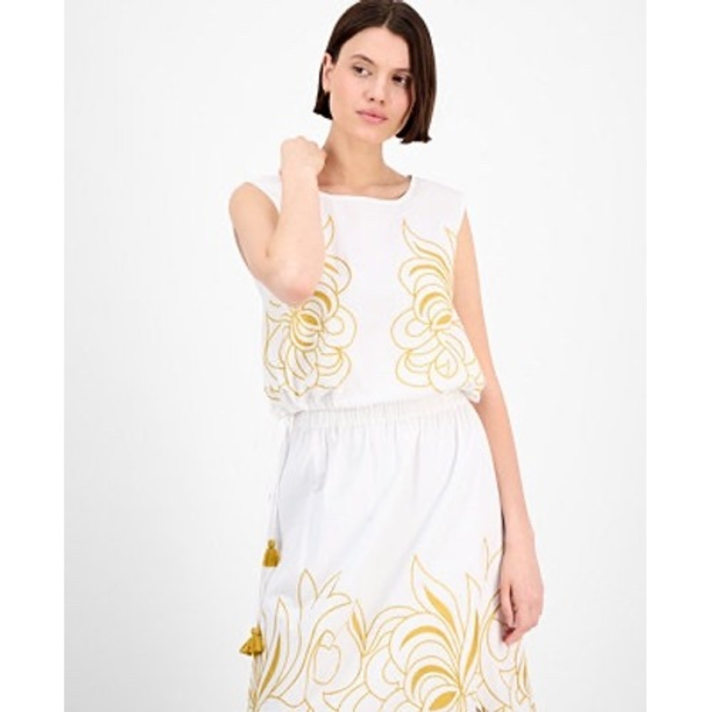 Avec Les Filles Cotton Top Golden Print Tassels Sz M NWT White